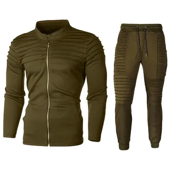 

Autumn Men's Solid Color Pleated Long-sleeved Solid Color Zipper Shirt Sweater Pants Suit High Collar Warm Stitching Suit#BL5