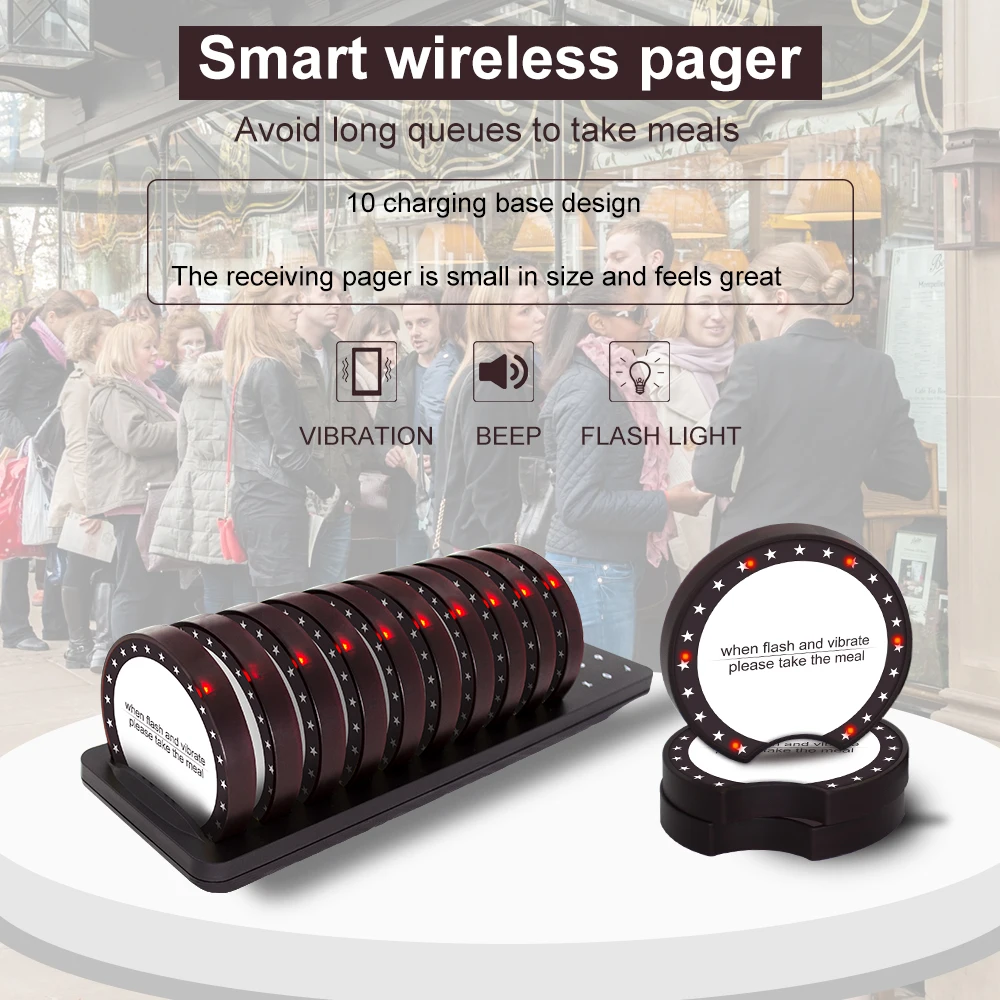 JINGLE BELLS Wireless Coaster Buzzers Paging System wireless calling system 1 Keyboard 10 Pagers Calling for Restaurant Cafe Church Nursery Hospital