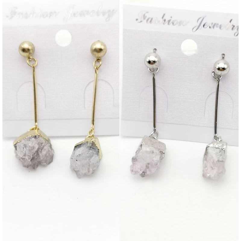 

Natural Quartz Crystal Druse Gems Jewellery Women Push Back Earring Irregular Stone Charms Dangle Brinco Gift Drop Shipping