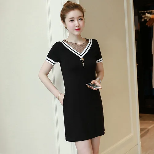 

Y207 Fat Mm Large Size Dress Korean-style Slim Fit A- line Skirt Sub-Mid-length Splicing Dress Summer