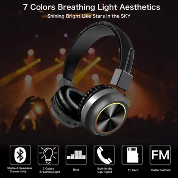 

Colorful Color Changing Headset Bluetooth Headset Foldable LED Colorful HiFi Stereo Wireless Headphones Speaker For IOS Android