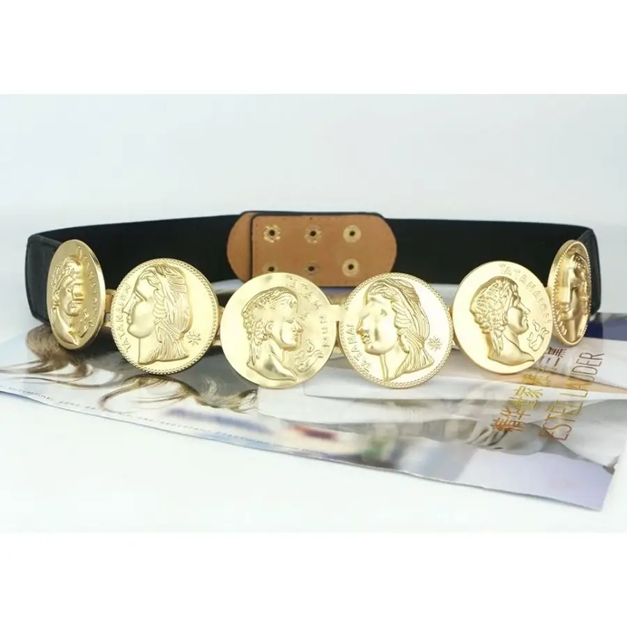 Cinturones elásticos de dorado para mujeres, Cinturones de monedas de Reina y Rey, en blanco y negro, 10 unids/lote|belts for women|belt blackmetal coin belts -