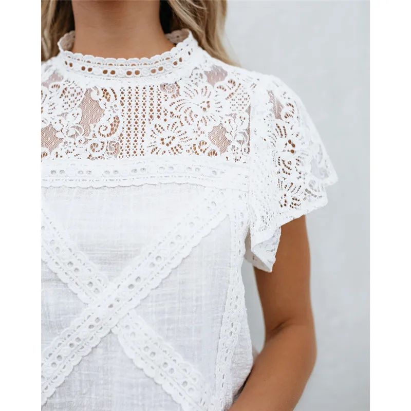 Fashion Women Blouse Lace Patchwork Flare Ruffles Short Sleeve Cute Floral Womens Tops And Blouses blusas mujer de moda