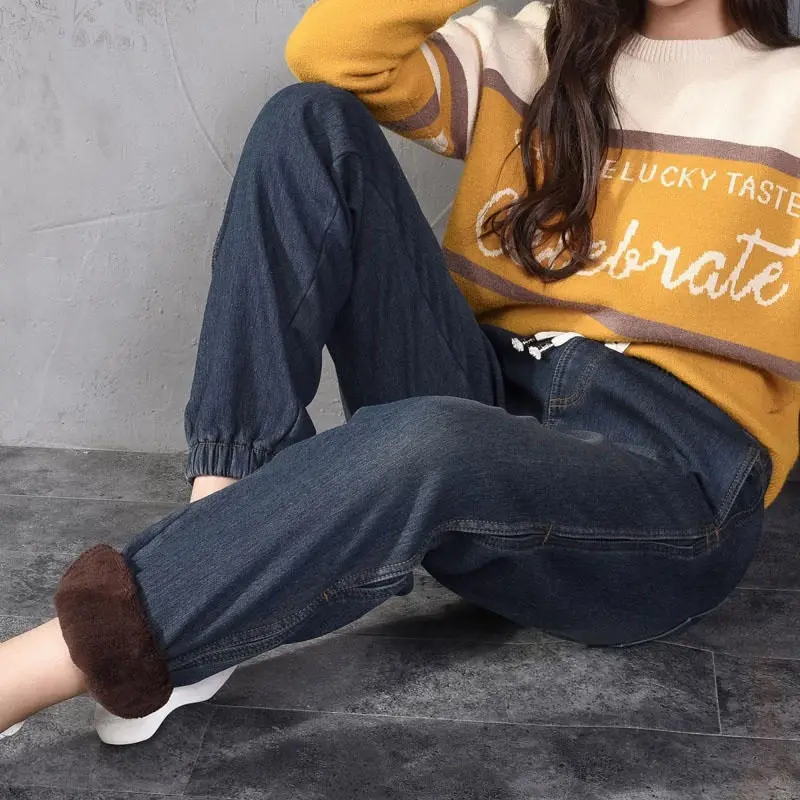 Dark blue jeans Вельветовые штаны-шаровары женские брюки и джинсы свободные весенне-Осенние эластичные Высокая талия джинсы Для женщин Повседневное плюс Размеры брюки Для женщин джинсовые штаны Q1906 - Цвет: Dark blue jeans