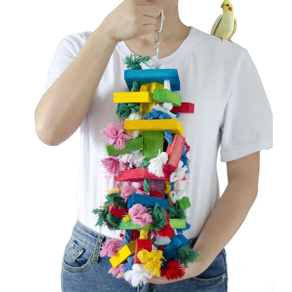 

GloryStar Parrot Toys Colorful Cotton Rope Knots Blocks Chew Wooden Toys