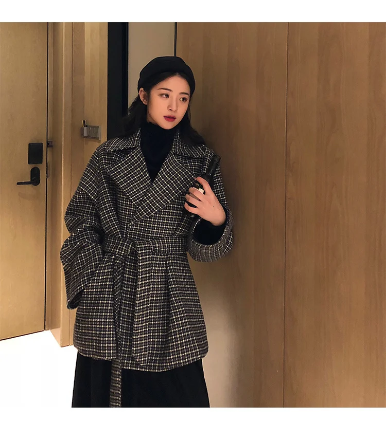 Зимние твидовые пальто женские винтажные клетчатые пальто на шнуровке корейский стиль Свободное пальто официальная Дамская куртка