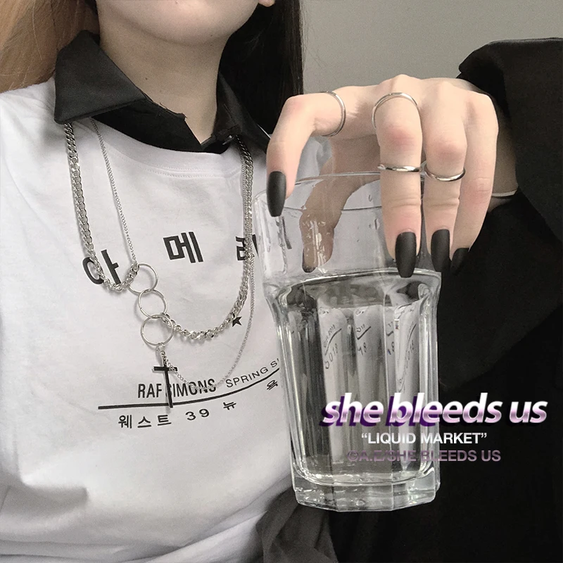 HUANZHI-2019-Punk-Cool-Hiphop-Double-Layer-Silver-Metal-Round-Circle-Chain-Link-Cross-Pendant-Necklace (2)