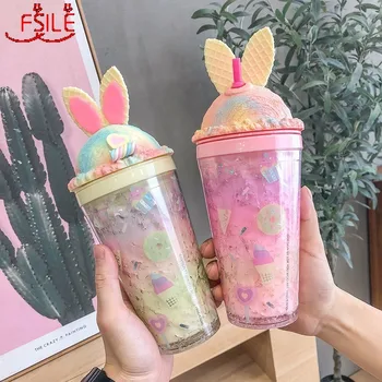 

FSILE New Net Red Ice Cream Cup Girls Summer High-value Creative Trend Cute Refrigeration Broken Ice Cup with Straw
