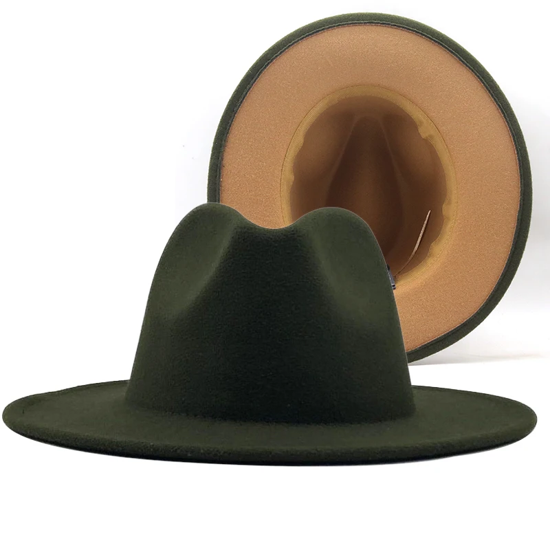 

Unisex Outer Army Green Inner tan Wool Felt Jazz Fedora Hats with Thin Belt Buckle Men Women Wide Brim Panama Trilby Cap L XL