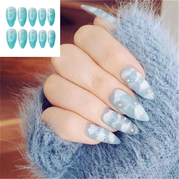 

24Pcs/set Blue Sky White Cloud Pattern Clear French Stiletto Fake False Nails Design Nail Tips for Bride Party Fashion Fake Nail