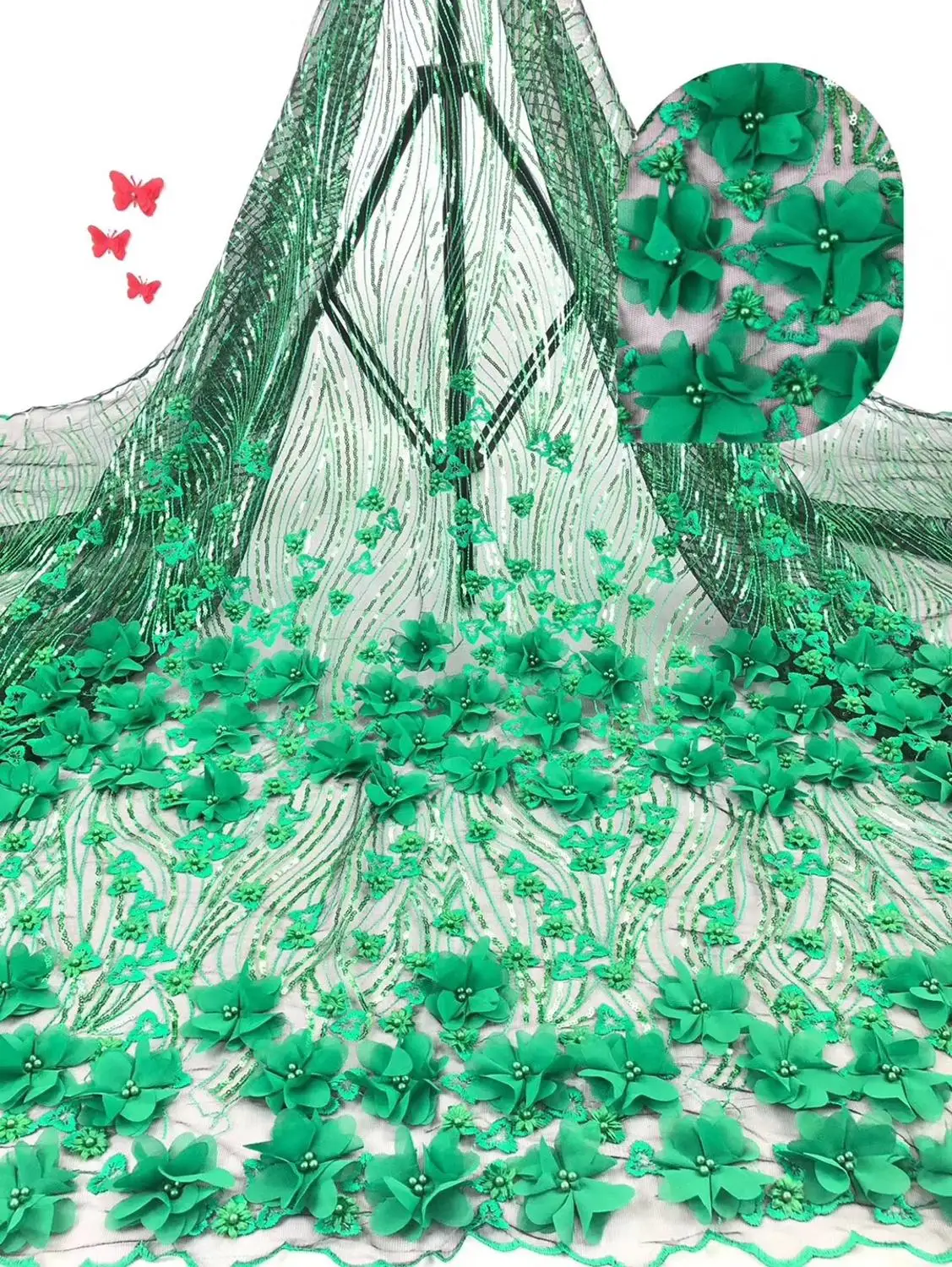 1 ярд зеленый Высококачественная нигерийская Вышивка Тюль французское Африканское кружево бисером 3D Тюль кружевная ткань