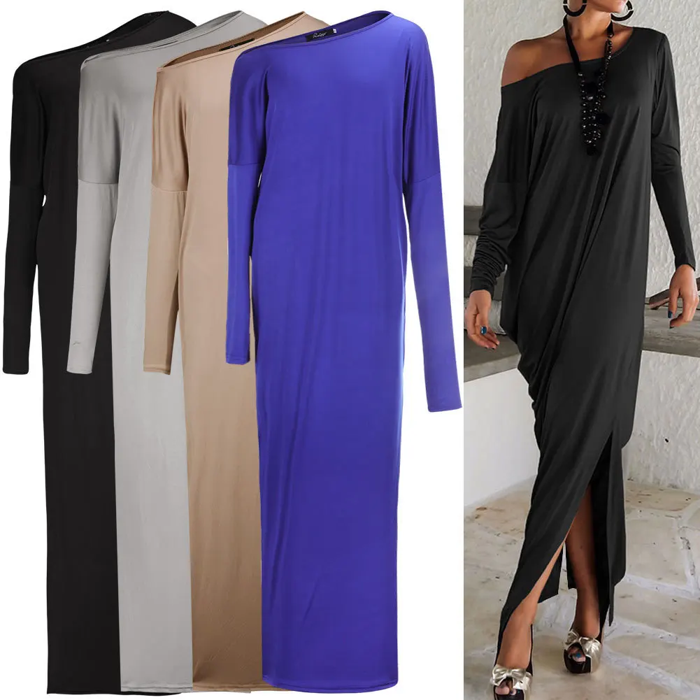 

Ozhouzhan Autumn Sloping Shoulder Dress Europe And America Big Brand Solid Color Long Sleeve Slit Step Long Skirts