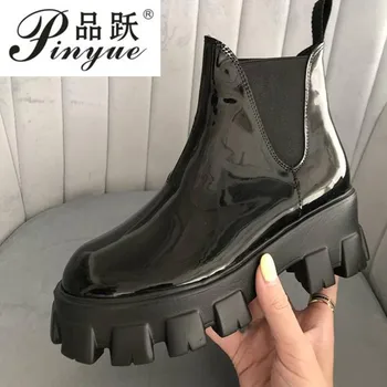 

size 34--39 Women New Ins Tide Korean Version Thick-soled Platform Boots Paint Leather Chelsea Boots Slip on Ankle Bootie
