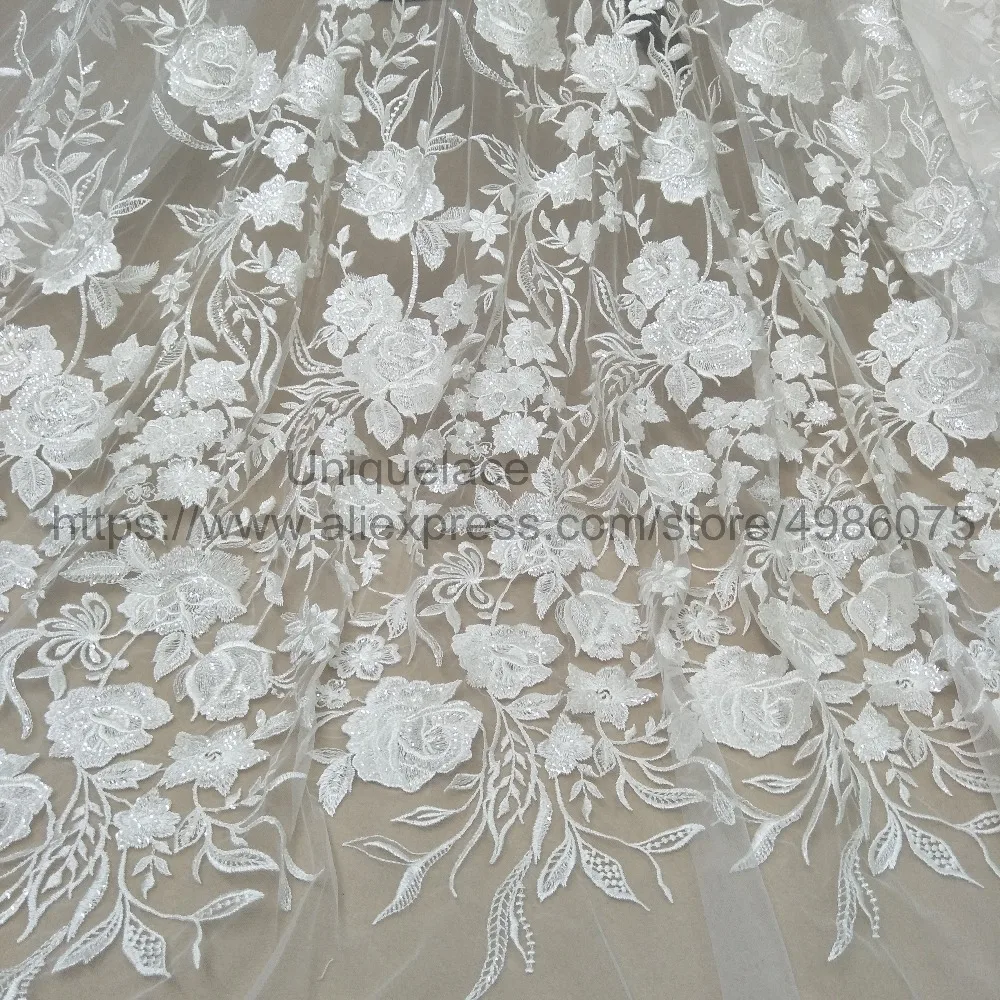 Высокое качество свадебное платье цветочная ткань 130 см ширина блестки кружевная ткань по всему миру платье цвета слоновой кости кружева