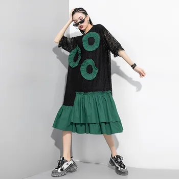 

LANMREM 2020 Summer new round neck pullover color block patchwork irregular ruffles hem lace dresses famale short sleeeve YJ276