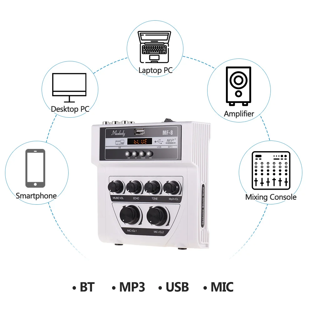Muslady MF-8 мини Караоке звук аудио микшер стерео эхо смесители Двойной микрофон входы поддержка BT Запись MP3 функция