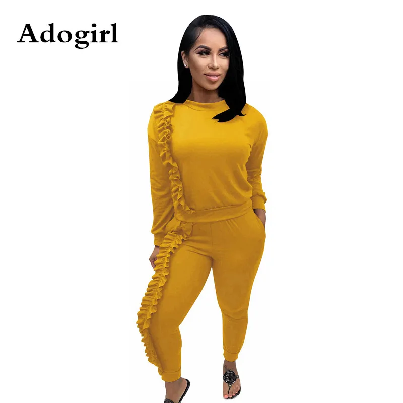 

Adogirl Autumn Solid Color Ruffles Women 2 Piece Set Long Sleeve O Neck Loose Hoodies and Empire Skinny Pants Casual Sportswear