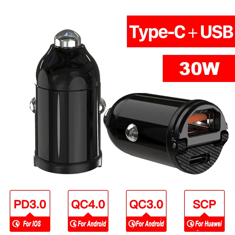 

Невидимое автомобильное зарядное устройство 30 Вт PD + QC3.0, двойной интерфейс, Тип C, быстрое зарядное устройство 4,0 3,0 SCP AFC, быстрая зарядка, мини-адаптер стандарта