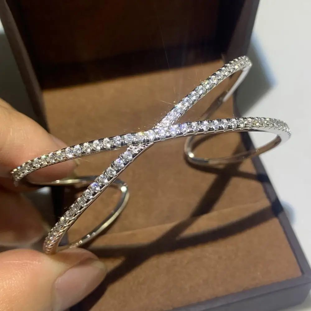 

Simple Fashion Jewelry Handmade 925 Sterling Silver Pave White Clear 5A Cubic Zirconia Bridal Open Adjustable Bangle Gift