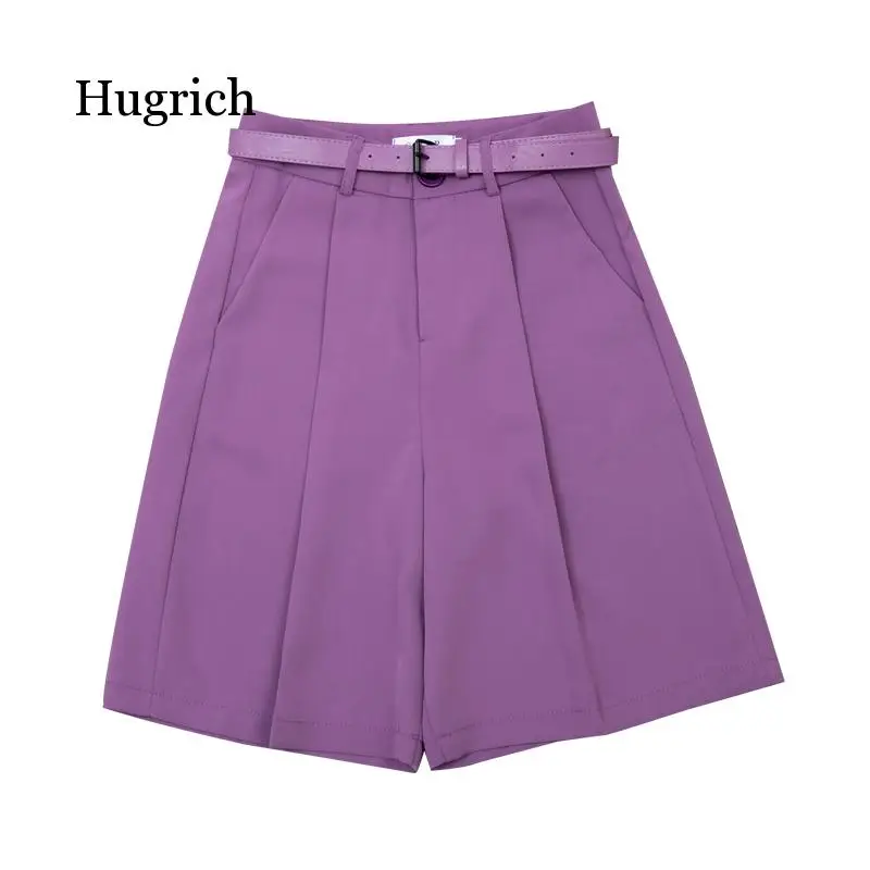 New 2021 Wide Leg Loose Bermuda Shorts for Women High Waist Purple or Black Cotton Shorts Free Belt High Quality Bermuda Femme
