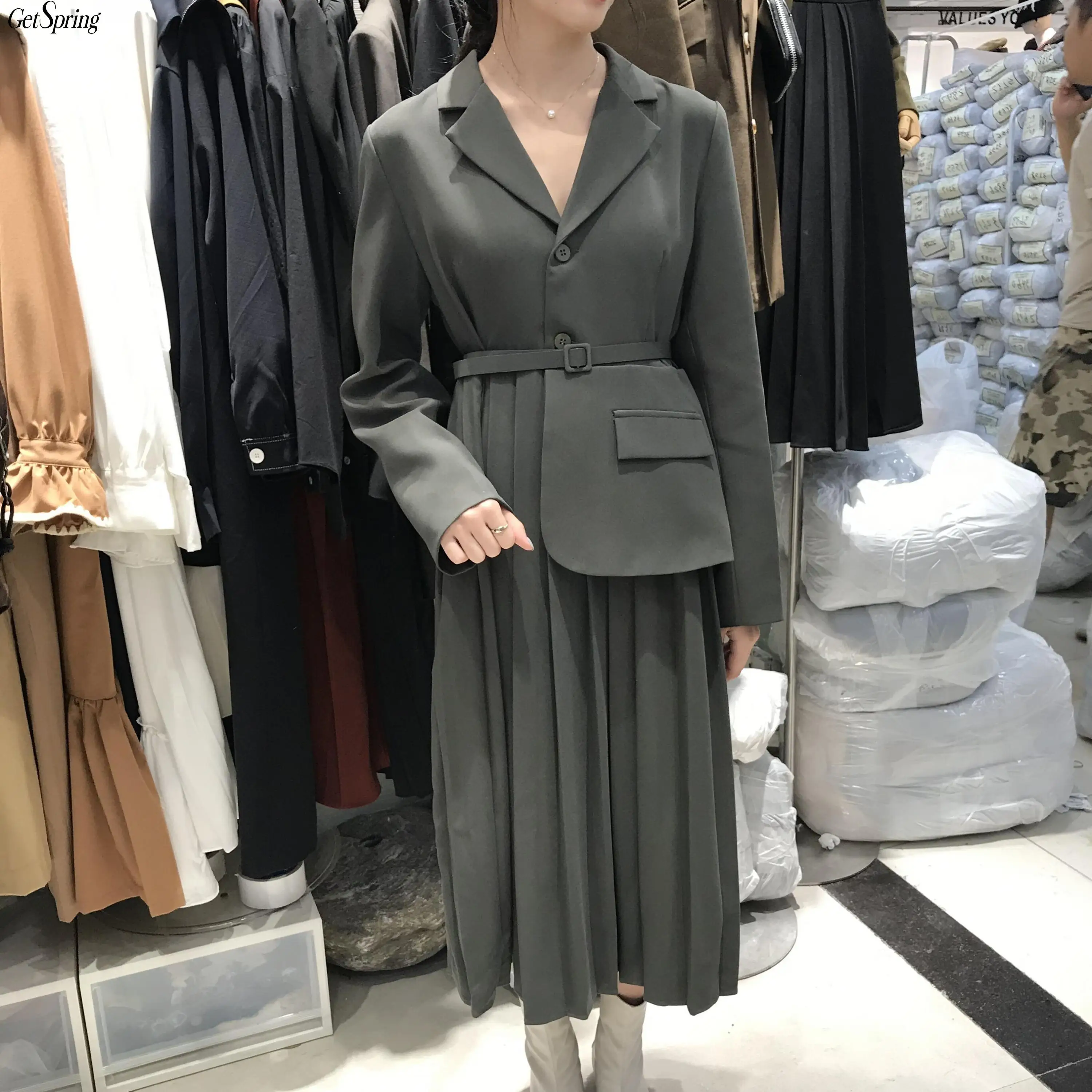 

GETSPRING Women Dress Patchwork Irregular Fake Two Pieces Suit Dresses Asymmetry Black Pleated Vintage Dresses 2019 New Autumn