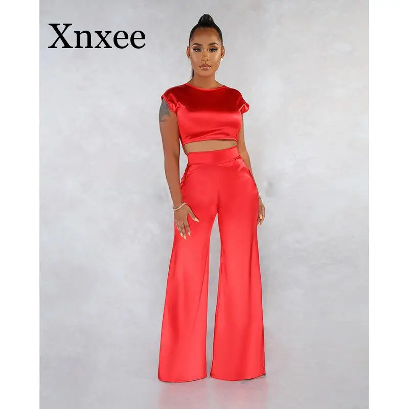 Satin 2 piece set women Short Sleeve Crop Top and wide Leg Long Pants Set Sexy Tracksuit Club Outfits Elegant Matching Sets 2019