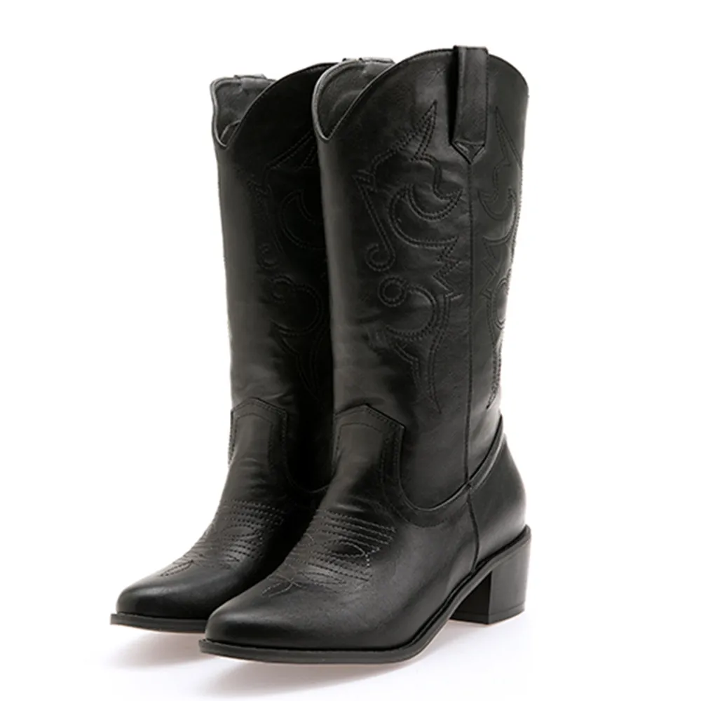 Классические ковбойские сапоги вестерн с вышивкой для женщин, кожаные женские ковбойские ботинки обувь на низком каблуке женские сапоги до колена