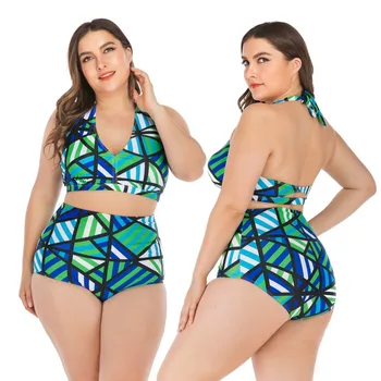 

Green Geometric Print Swimwear 2020 New Women's Swimsuit Plus Size Two Piece Ladies High Waisted Swimsuit Big Bust Xxl Beachwear
