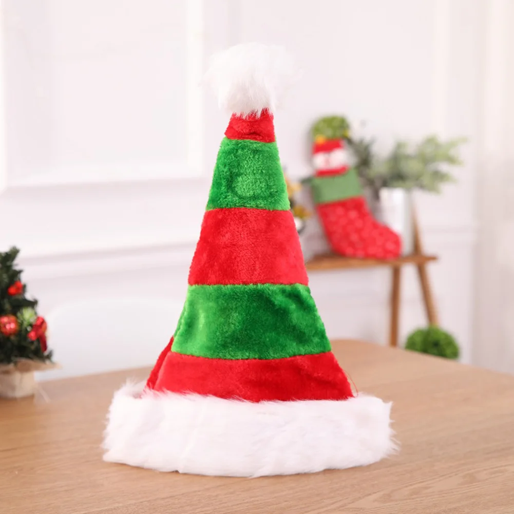

Adults Kids Cute Party Christmas Hat Accessories Double Layer Long Plush Home Stripe Bar Cap Conical Hairball