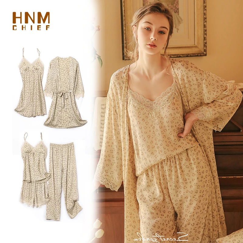 

HNMCHIEF Leopard Chiffon Pajamas Set Worsted Robe Silk Patchwork Lace Pyjamas Bathrobe Suit Sleepdress Camisole Nightgown