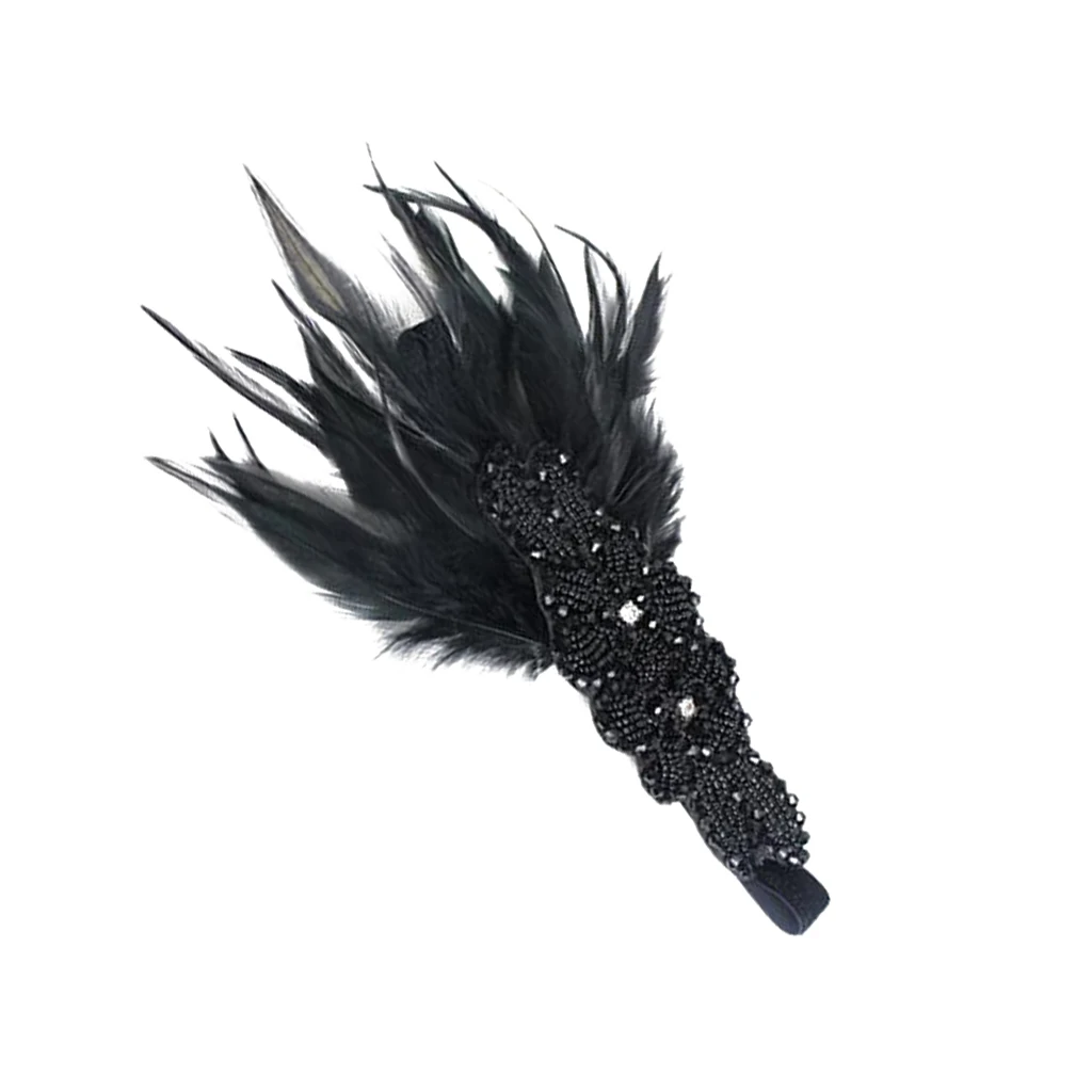Charleston Style Black Feather  Rhinestone Hair Flower Headband Bridal For Bride