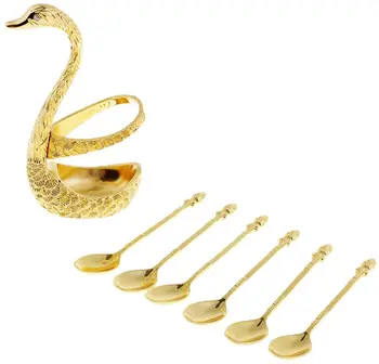 

Fruit Spoon Stainless Dessert Set for Salad Fruit Cake Swan Base Holder - Gold, 15.5x8x5cm
