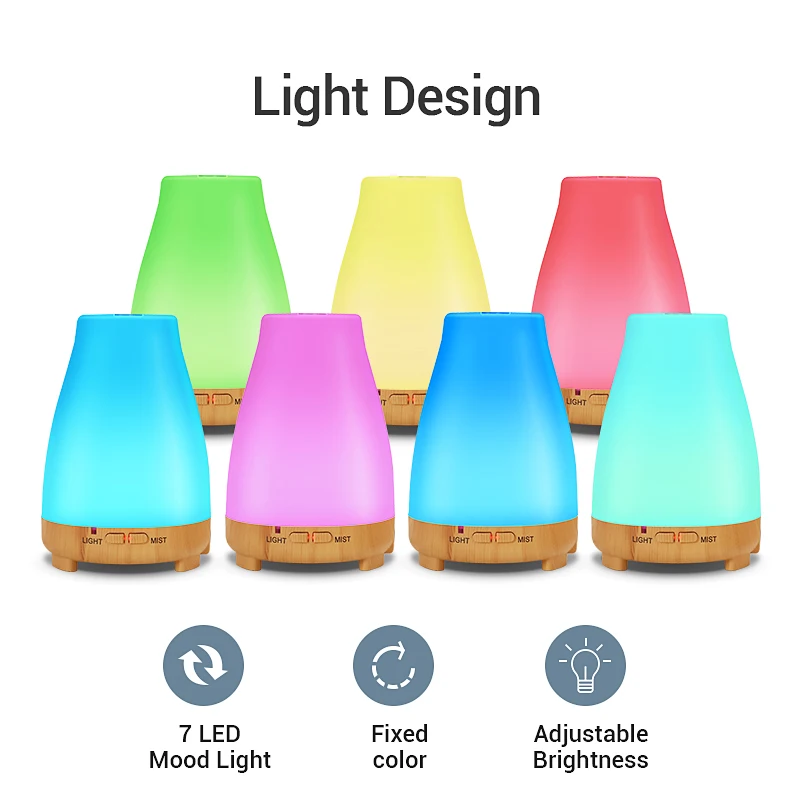KBAYBO Essential Oil Diffuser 200ml Aroma Essential Oil Cool Mist Humidifier 7 Colors LED Light Cha