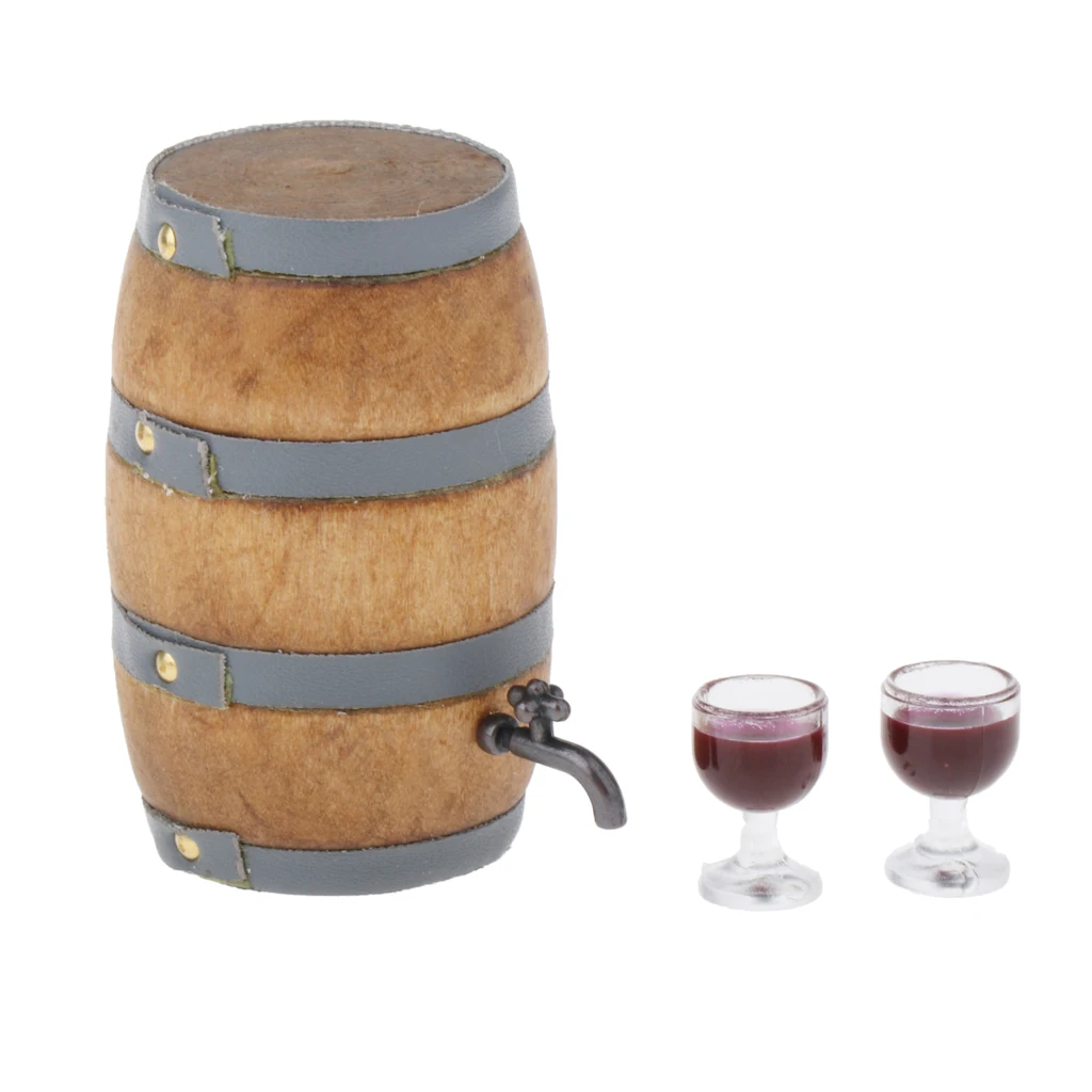 1/12 Scale Wine Beer Barrel Glasses Cups Set Kitchen Drinks for Dollhouse Life Scenes Decor, Kids Pretend Play Toy