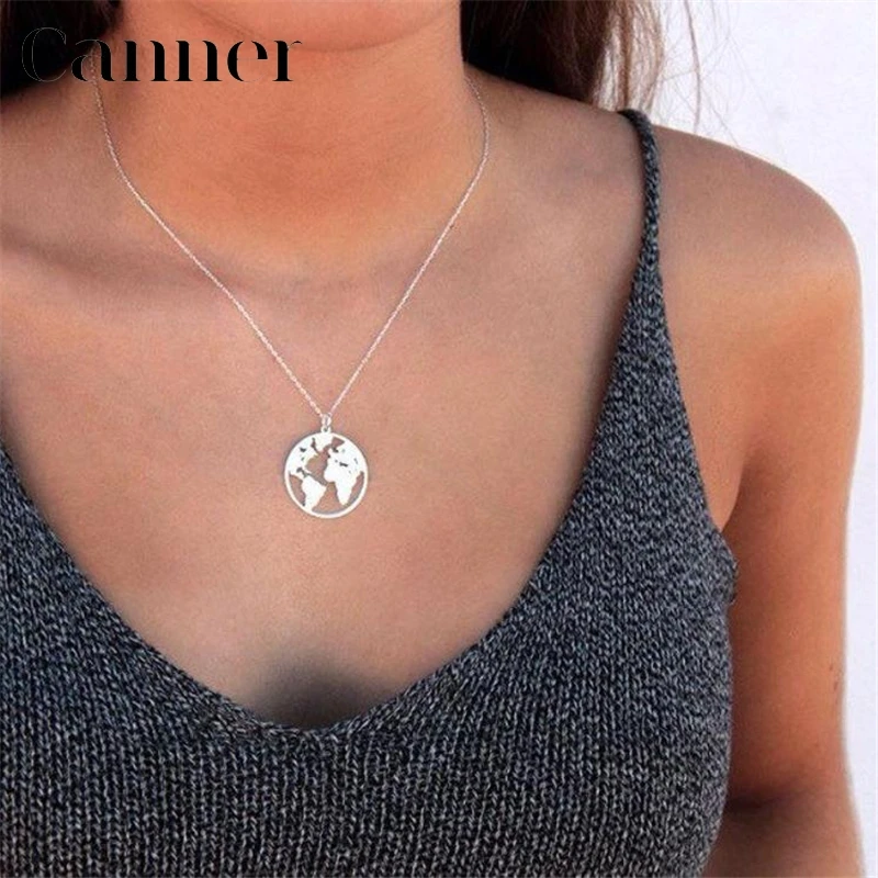 

2019 New Style Earth Map Simple Pendant Necklace for Women 925 Sterling Silver Chain Necklace Female Jewelry Gift