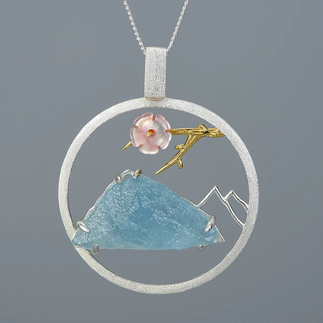 Pendentif montagne Aigue Marine fleur argent