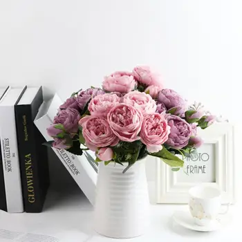 

QIFU 30cm Rose Pink Bouquet Peony Artificial Flowers 5 Big Heads 4 Small Bud Bride Wedding Home Decoration Fake Flowers Faux