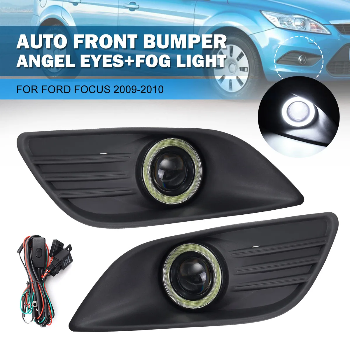 

12V 40A Left+Right Car Auto Front Bumper Angel Eyes+Fog Light Driving Light Cover For Ford For Focus 2009 2010 With Wire Harness