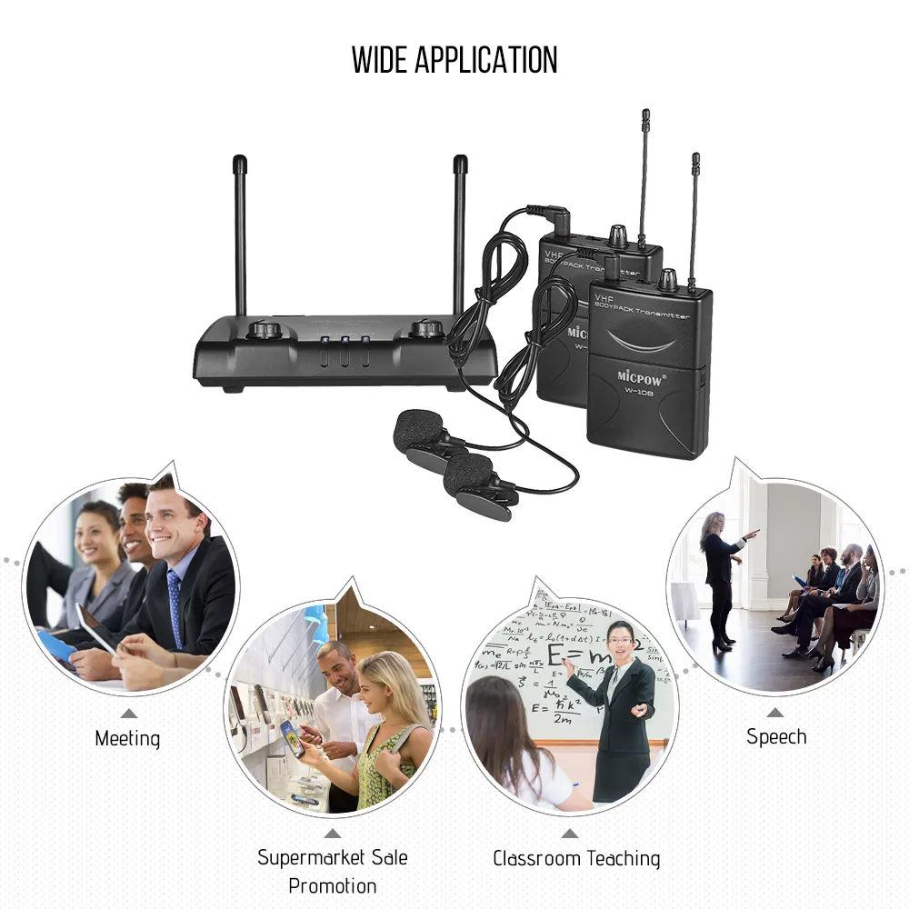 

MICPOW W-10 Wireless Microphone Mic VHF Dual Channel 2 Lapel Lavalier Mic+2 Bodypack Transmitters+1 Receiver for Teaching