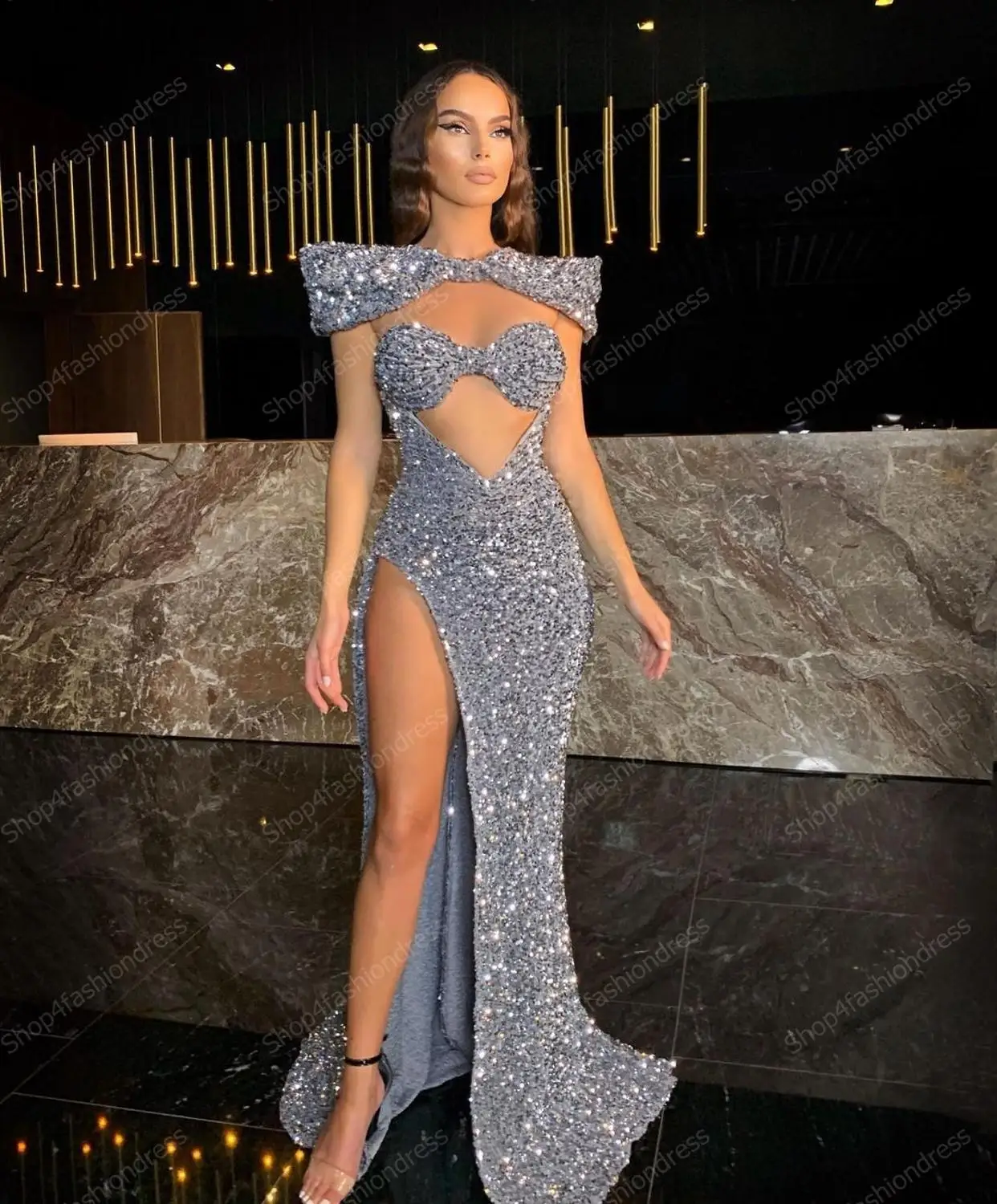Glitter Silver Sequins High Neck Prom ...