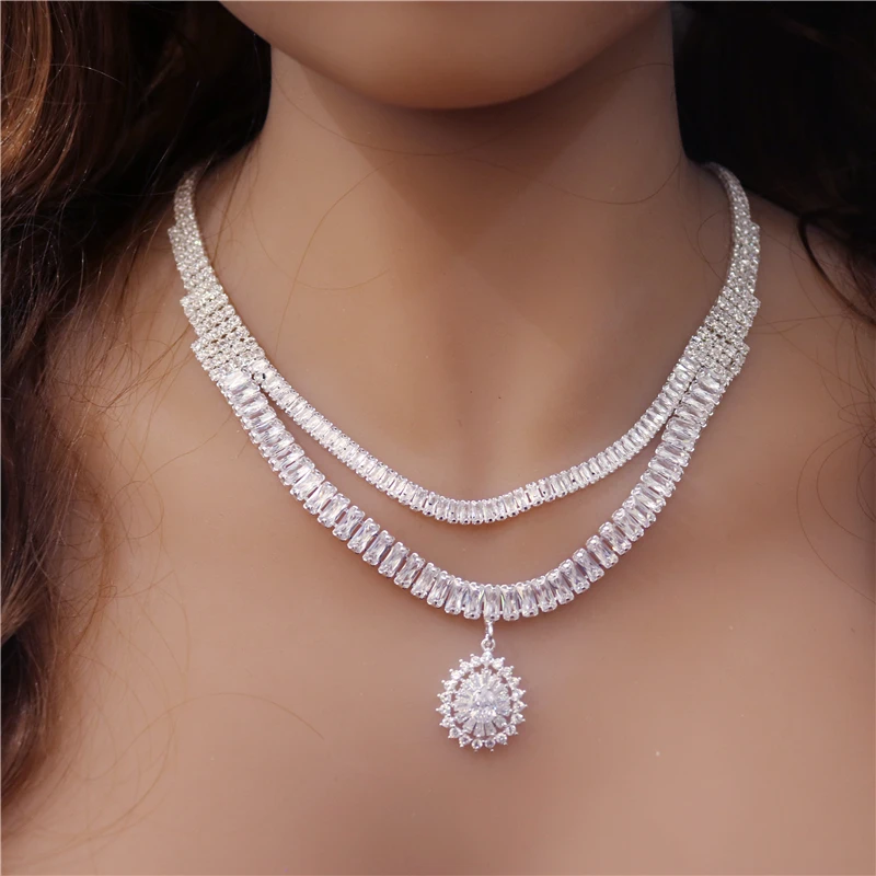 

Fashion Charm Women's Zircon Jewelry Set Luxury Bride Romantic Crystal Wedding Earrings Necklace Set Wholesale And Retail