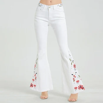 

White Embroidered Bell Bottom Jeans Pants Woman Fashion Vintage Flare Pants Trousers Cotton Denim Office Party Pants Plus Size