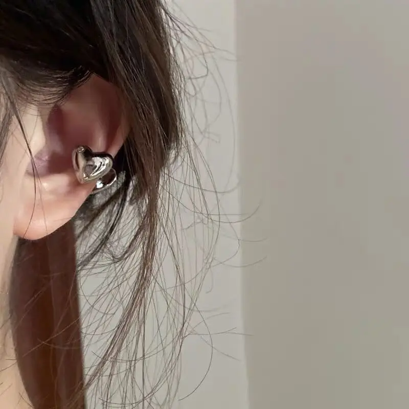 New Korean Silver Color Love Heart Clip on Earrings for Women Simple No Piercing Ear Cuff Wedding Aesthetic Jewelry 1 PC ear clip earrings clip earrings ear clip