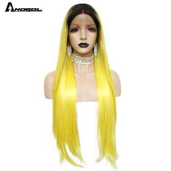 

ANOGOL Middle Part Dark Roots Ombre Yellow Synthetic Lace Front Wigs Long Straight Heat Resistant Wig for Women