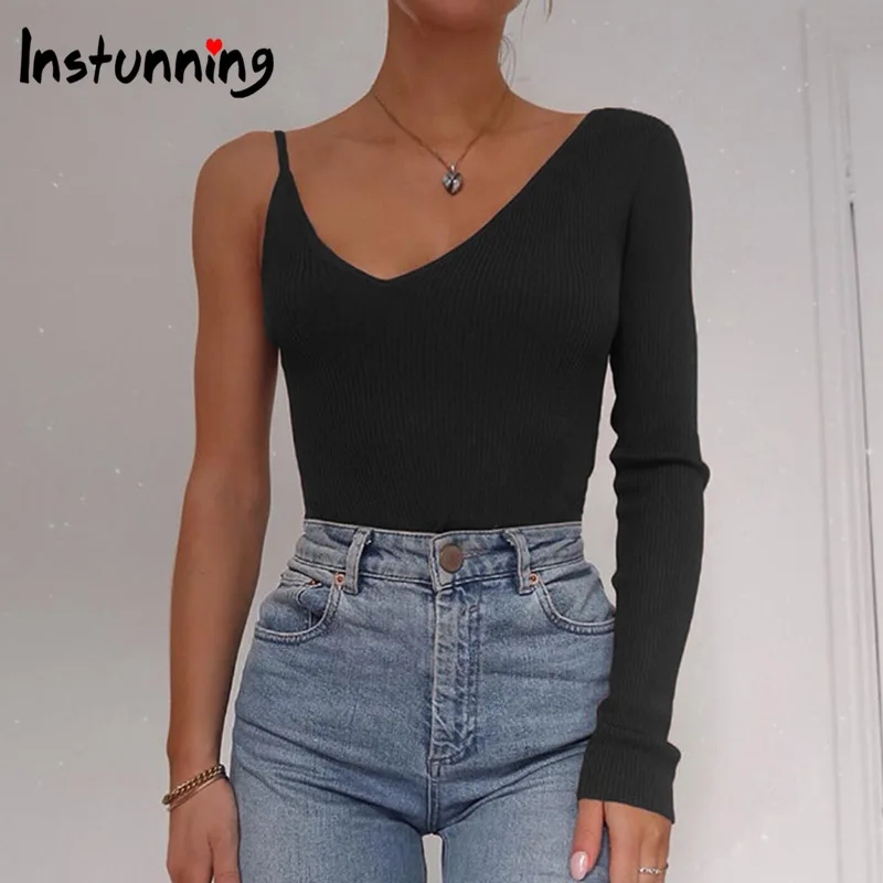 

Instunning One-shoulder Long Sleeve Spaghetti Strap Bodysuit Women Autumn Sexy Romper Fashion Streetwear Elastic Female Rompers
