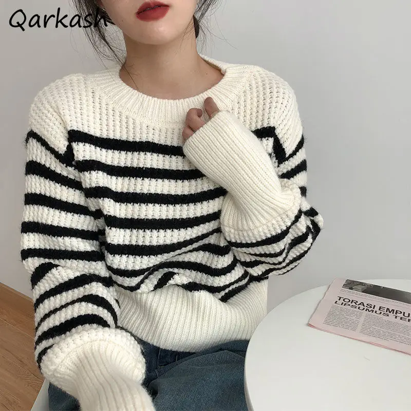 

Pullovers Women Striped Loose O-neck Design Japanese Style Kawaii Students Sweet Classic Spring Popular Daily Retro Clothes New