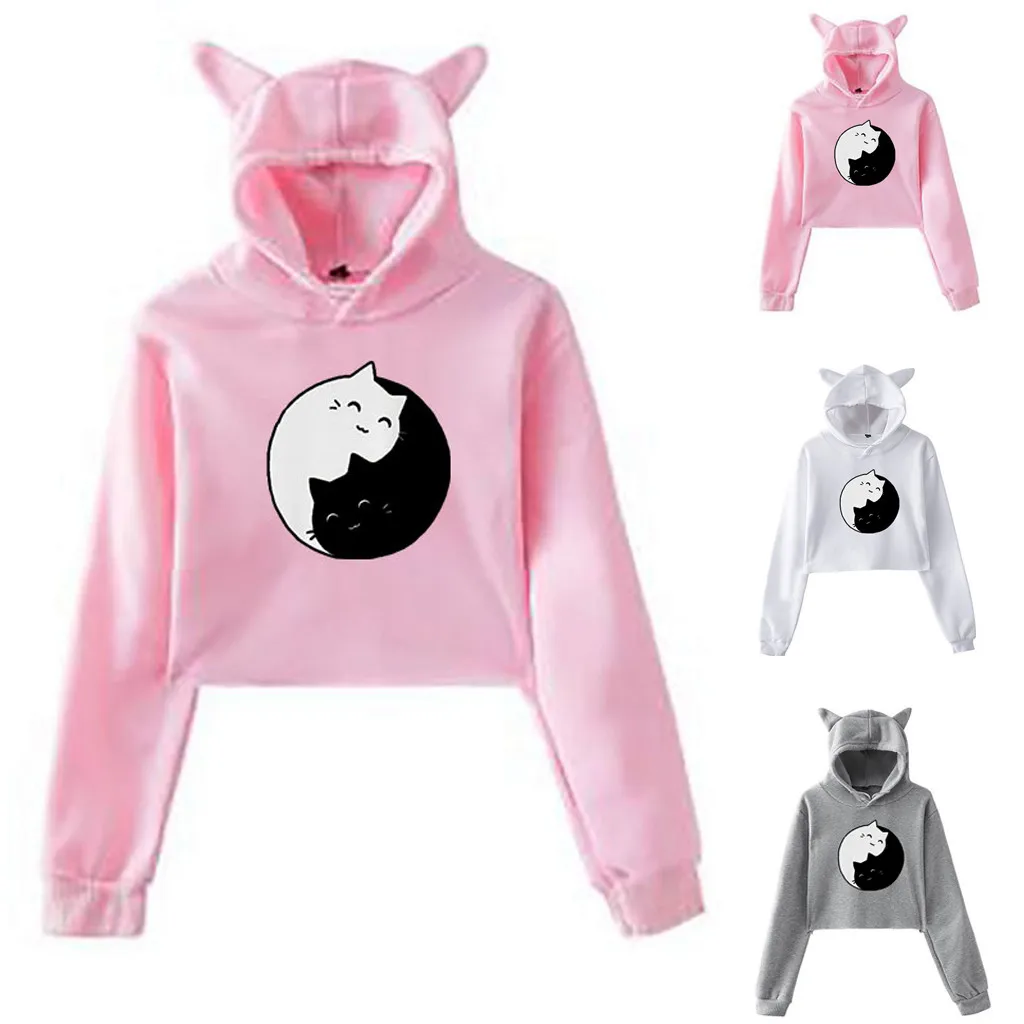

Womens Black White Cat Print Cute Cat Ear hooded cropped top Ladies Autumn Winter Pullovers Crop Tops Streetwear Harajuku