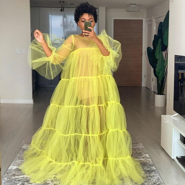 Women Tulle Sheer Overlay Dresses Long Sleeve Yellow Lavander Party  Birthday Plus Size Tulle Dresses Custom Made - AliExpress