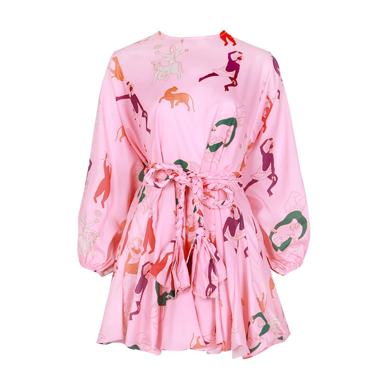 print4 TWOTWINSTYLE хит, цветное Платье с принтом, женское платье с длинным рукавом и круглым вырезом, высокая талия, на шнуровке, женское платье, Весенняя Повседневная мода - Цвет: print4