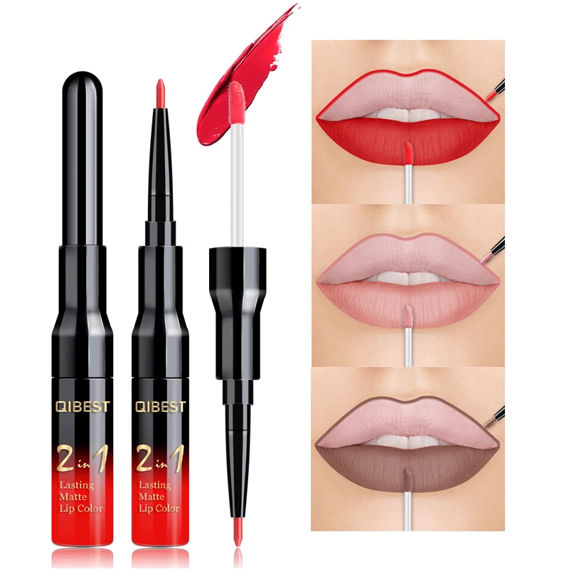 

QIBEST 20 Color Liquid Lipstick Sexy Red Lip Gloss Long-lasting Waterproof Nude Matte Lipliner Pencil Double-end Makeup Lip Tint